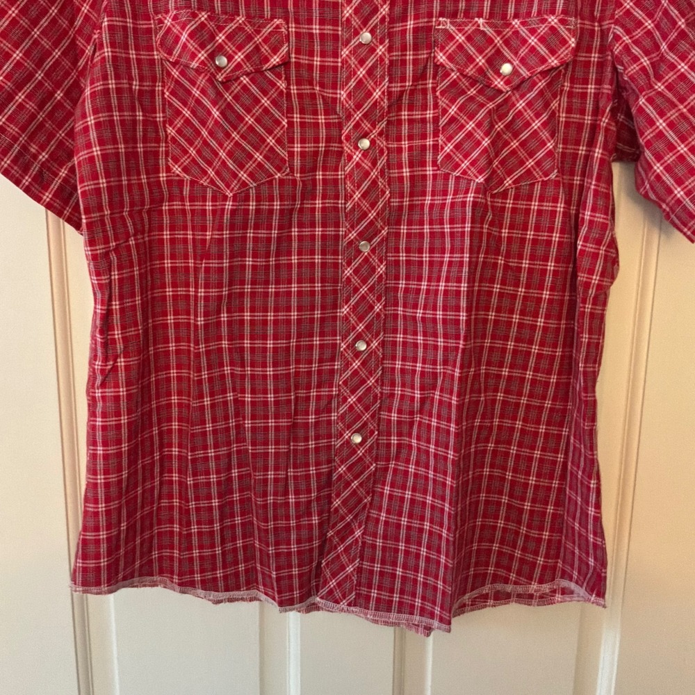 Wrangler Mens Red Plaid Short Sleeve Western Pearl Snap Shirt Large Cowboy Retro - Picture 3 of 6